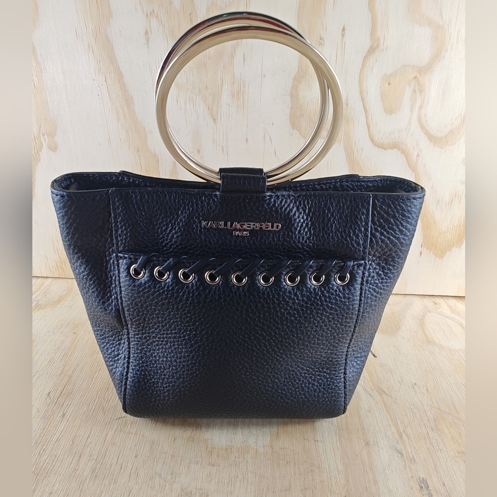 Karl Lagerfeld Black Leather Mini Sam HandBag with Round Silver Handles